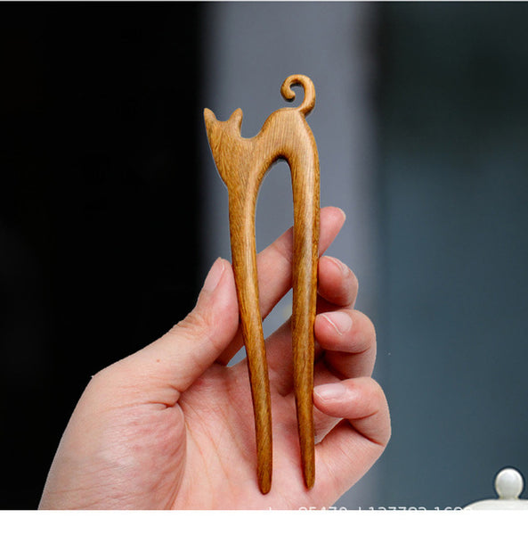 cat tail hair pin wooden
