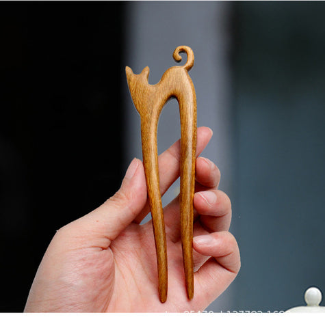 cat tail hair pin wooden